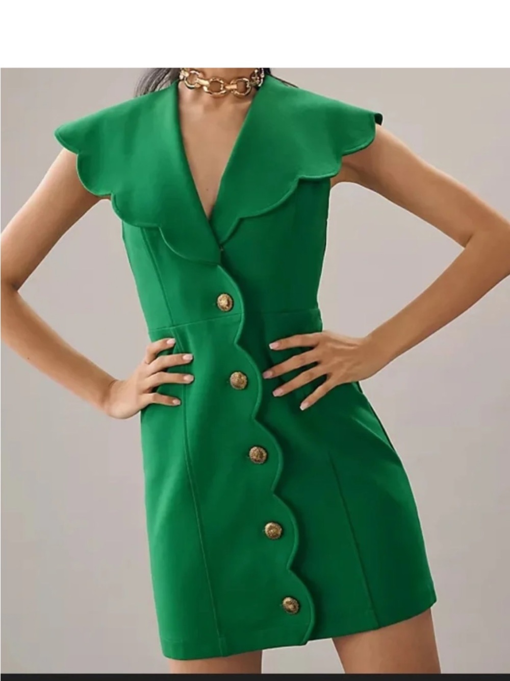 Maeve Anthropologie Mini Dress Green Scalloped Gold Button Preppy Large